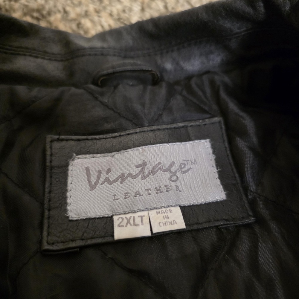 Vintage Leather Coat Mens 2XLT Black Genuine Leather Overcoat Quilted Lined Zip - Picture 5 of 9